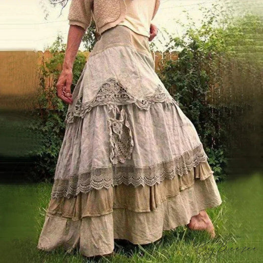 Plus Size Women’s Summer Retro Ruffles Oversized Lace Maxi Skirts GRAY / S skirt-250126