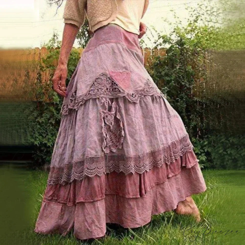 Plus Size Women’s Summer Retro Ruffles Oversized Lace Maxi Skirts Pink / S skirt-250126