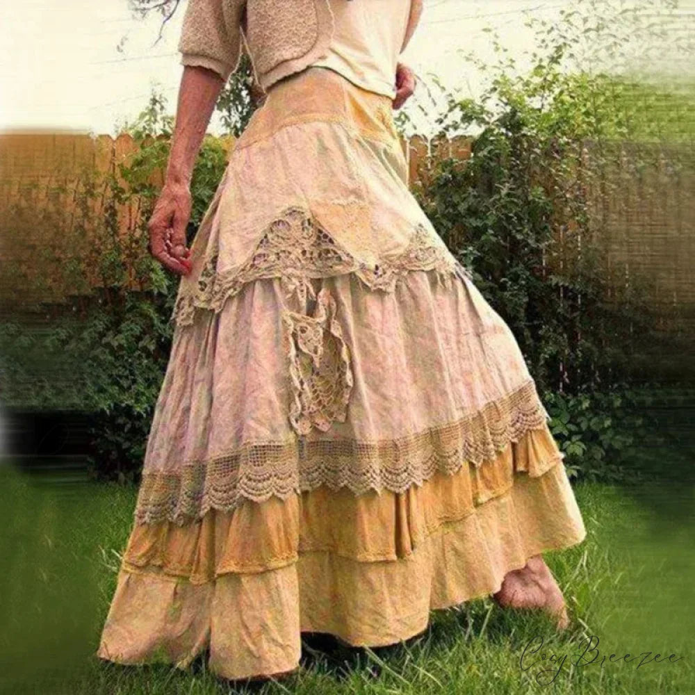 Plus Size Women’s Summer Retro Ruffles Oversized Lace Maxi Skirts Yellow / S skirt-250126