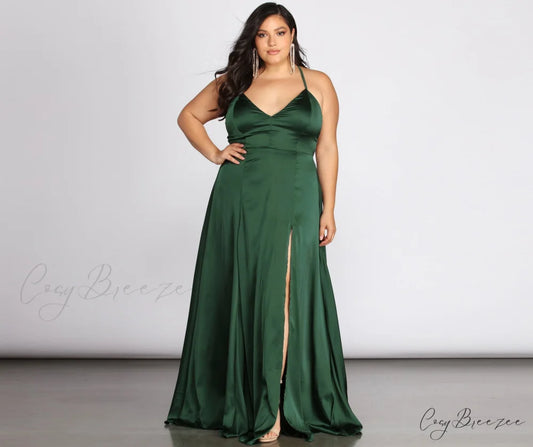 Plus Vera Satin Charming Lace Up Formal Dress HUNTER / 1X