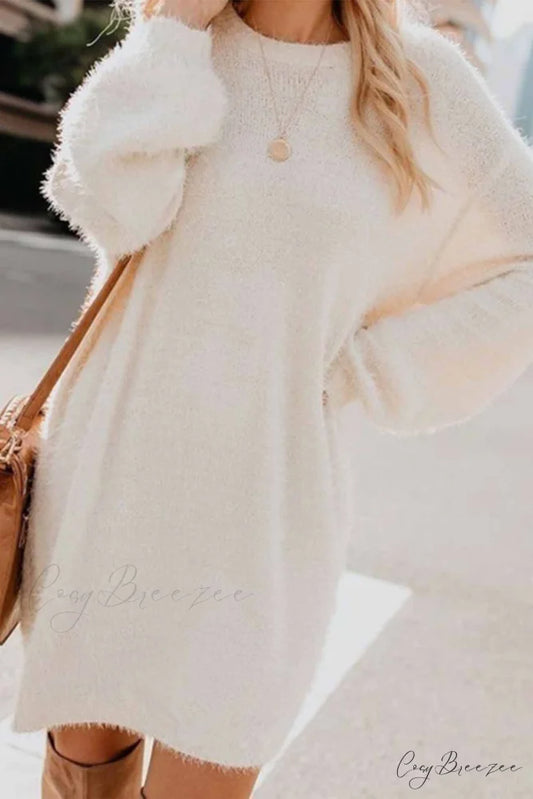 Plush Long Sleeve Crew Neck Dress Apricot / S