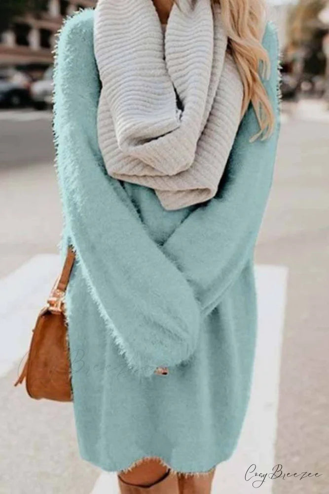 Plush Long Sleeve Crew Neck Dress Light Blue / S