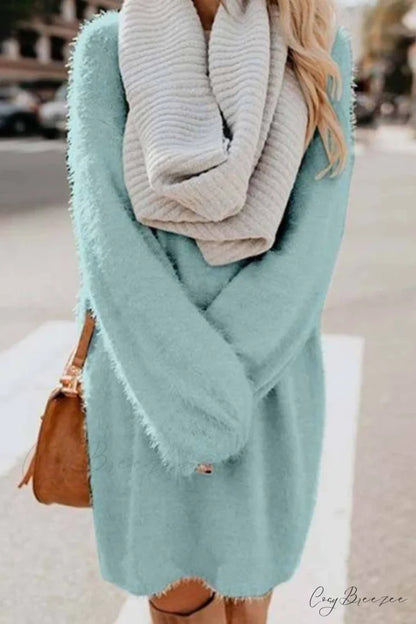 Plush Long Sleeve Crew Neck Dress Light Blue / S
