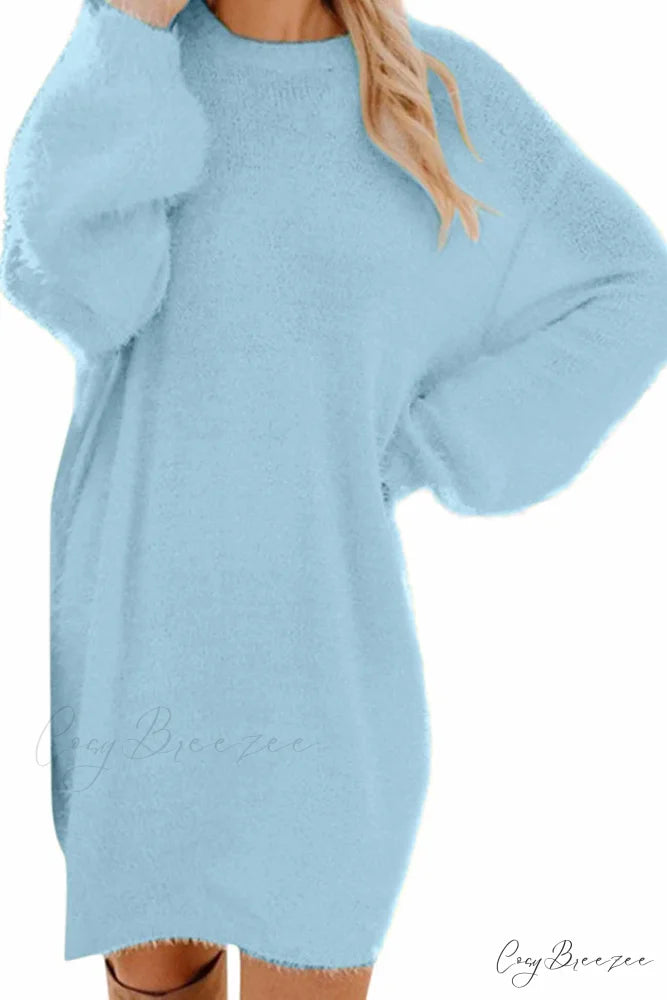 Plush Long Sleeve Crew Neck Dress Peacock Blue / S