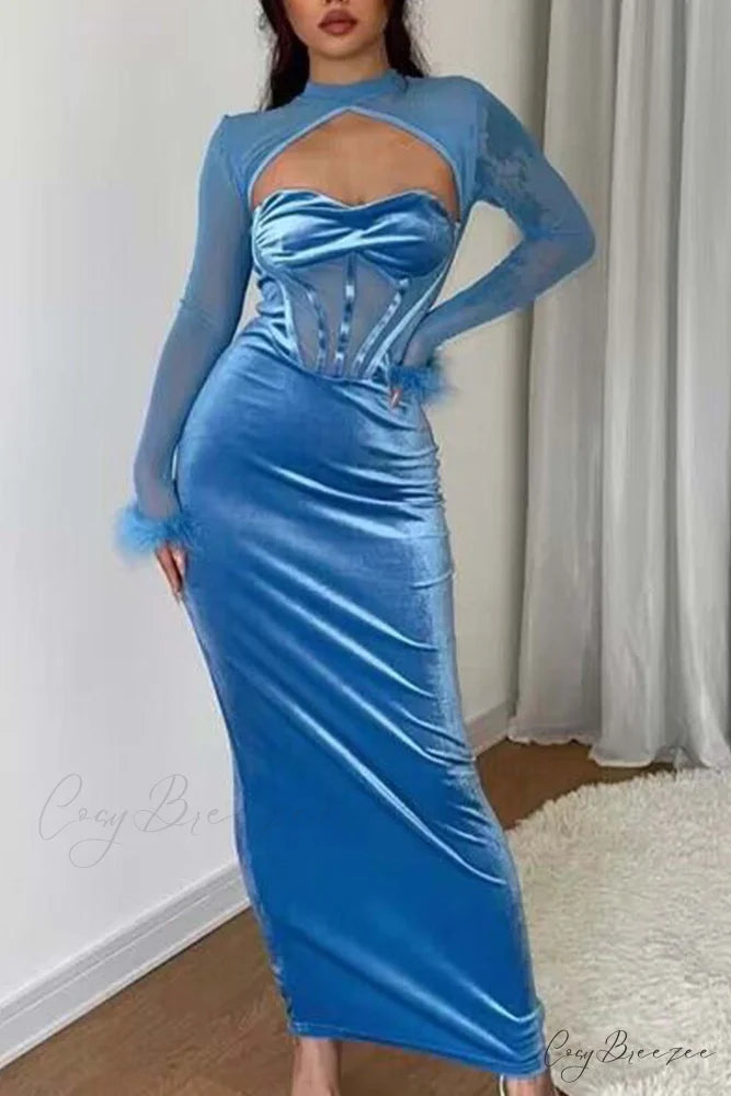 Plush Mesh Patchwork Corset Midi Dress with Hollow Detail Blue / M