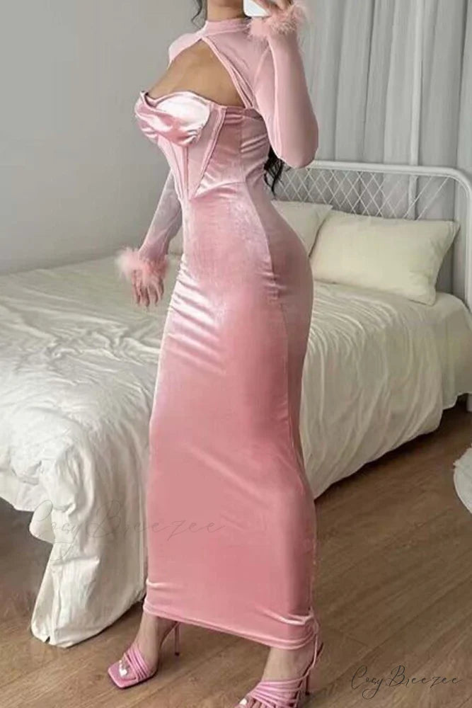 Plush Mesh Patchwork Corset Midi Dress with Hollow Detail Pink / M