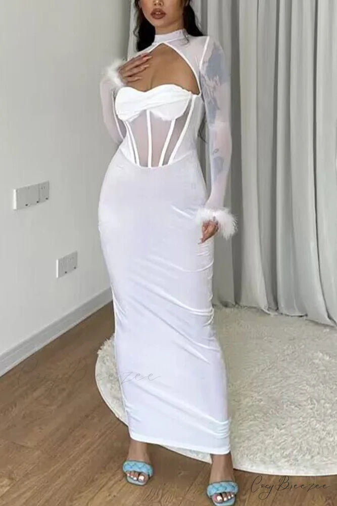 Plush Mesh Patchwork Corset Midi Dress with Hollow Detail White / L