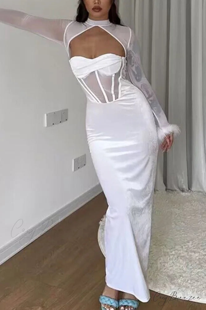 Plush Mesh Patchwork Corset Midi Dress with Hollow Detail White / M
