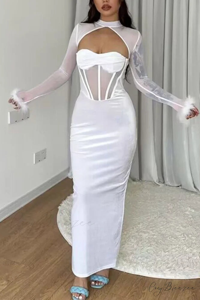 Plush Mesh Patchwork Corset Midi Dress with Hollow Detail White / S