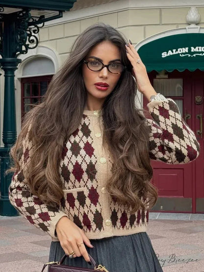 Pocket Print O-neck Short Cardigan cardigans-241228