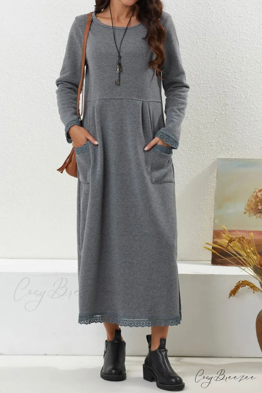 Pocketed Lacework Hem Dress Light Grey / S