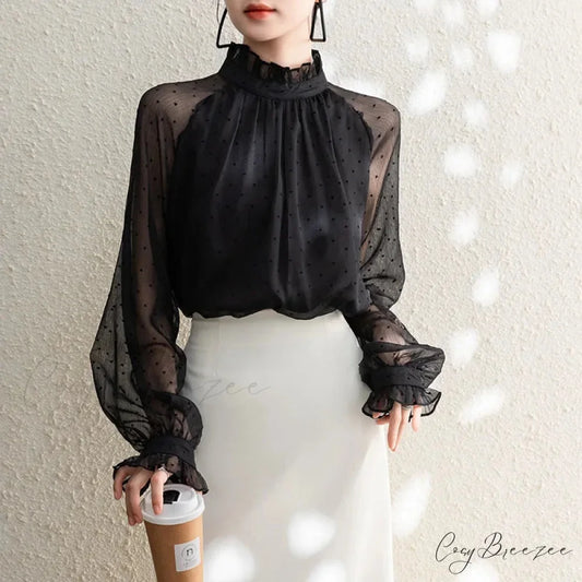 Polka Dot Chiffon Stand Collar Autumn Crop Top Black / S blouse-250126