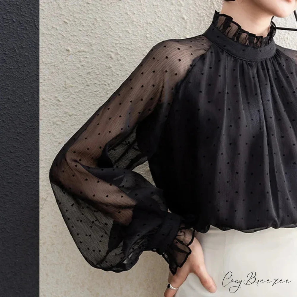 Polka Dot Chiffon Stand Collar Autumn Crop Top blouse-250126