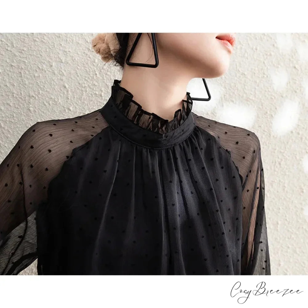 Polka Dot Chiffon Stand Collar Autumn Crop Top blouse-250126
