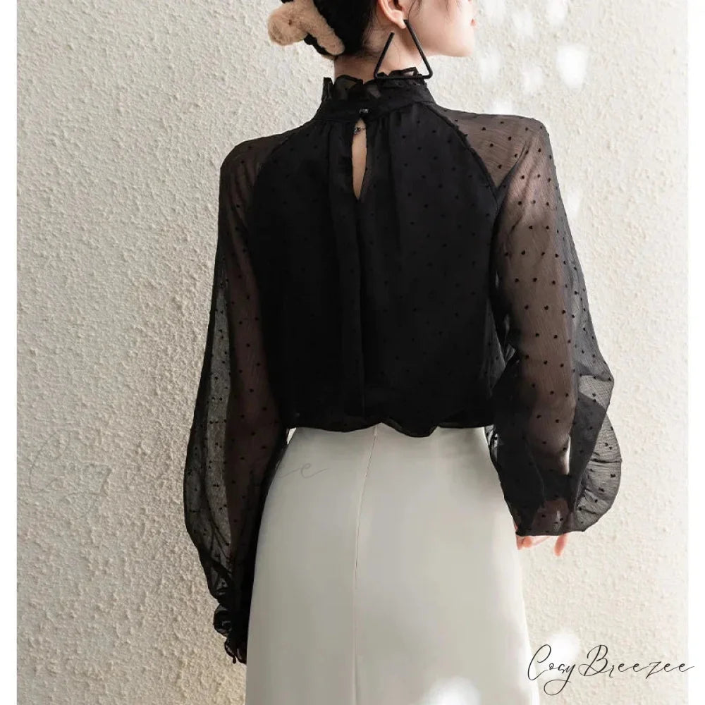 Polka Dot Chiffon Stand Collar Autumn Crop Top blouse-250126