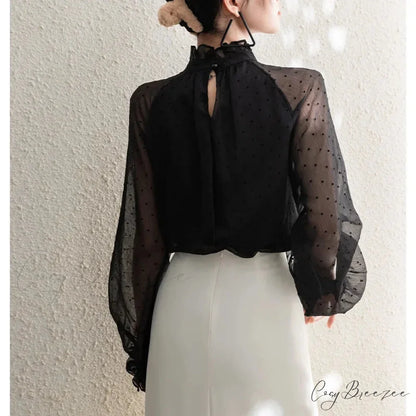Polka Dot Chiffon Stand Collar Autumn Crop Top blouse-250126