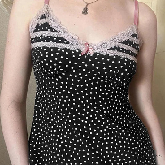 Polka Dot Ribbon Lace Crop Top croptop-250223
