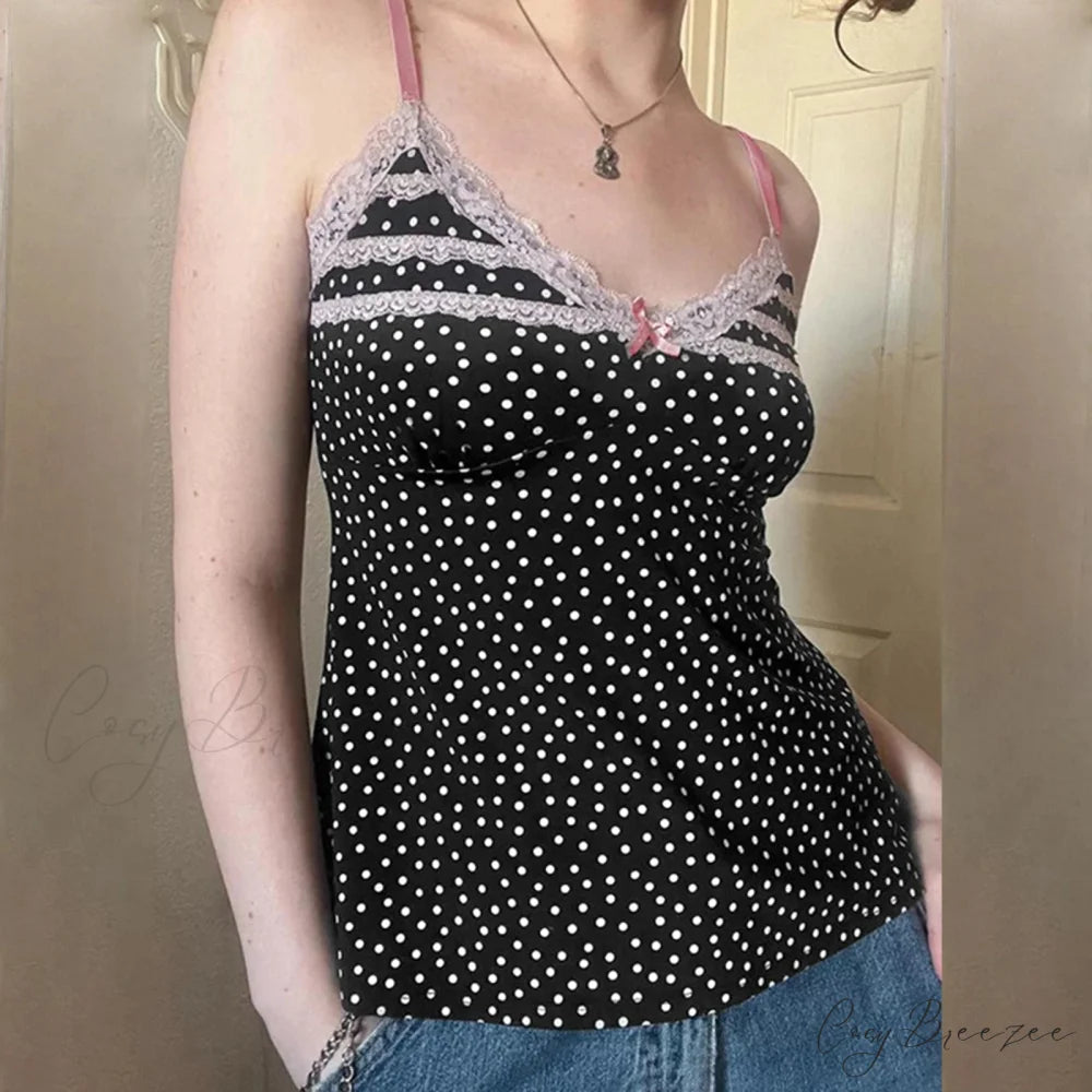 Polka Dot Ribbon Lace Crop Top croptop-250223