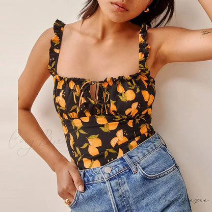 Polka Dot Square Neck Tie Sleeveless Frill Strap Smocked Fitted Crop Top BLACK / S croptop-250126