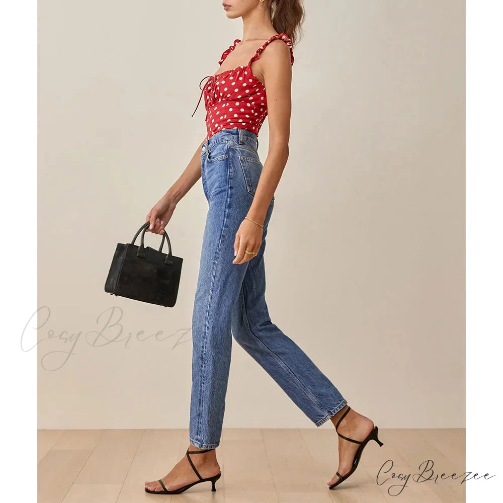 Polka Dot Square Neck Tie Sleeveless Frill Strap Smocked Fitted Crop Top croptop-250126