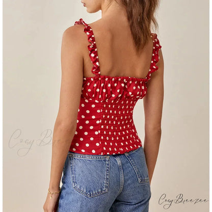 Polka Dot Square Neck Tie Sleeveless Frill Strap Smocked Fitted Crop Top croptop-250126