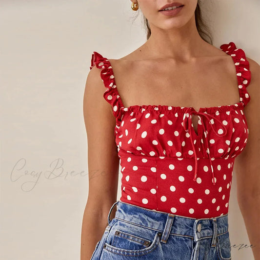 Polka Dot Square Neck Tie Sleeveless Frill Strap Smocked Fitted Crop Top RED / S croptop-250126