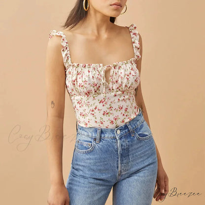 Polka Dot Square Neck Tie Sleeveless Frill Strap Smocked Fitted Crop Top WHITE1 / S croptop-250126