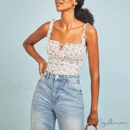 Polka Dot Square Neck Tie Sleeveless Frill Strap Smocked Fitted Crop Top WHITE2 / S croptop-250126