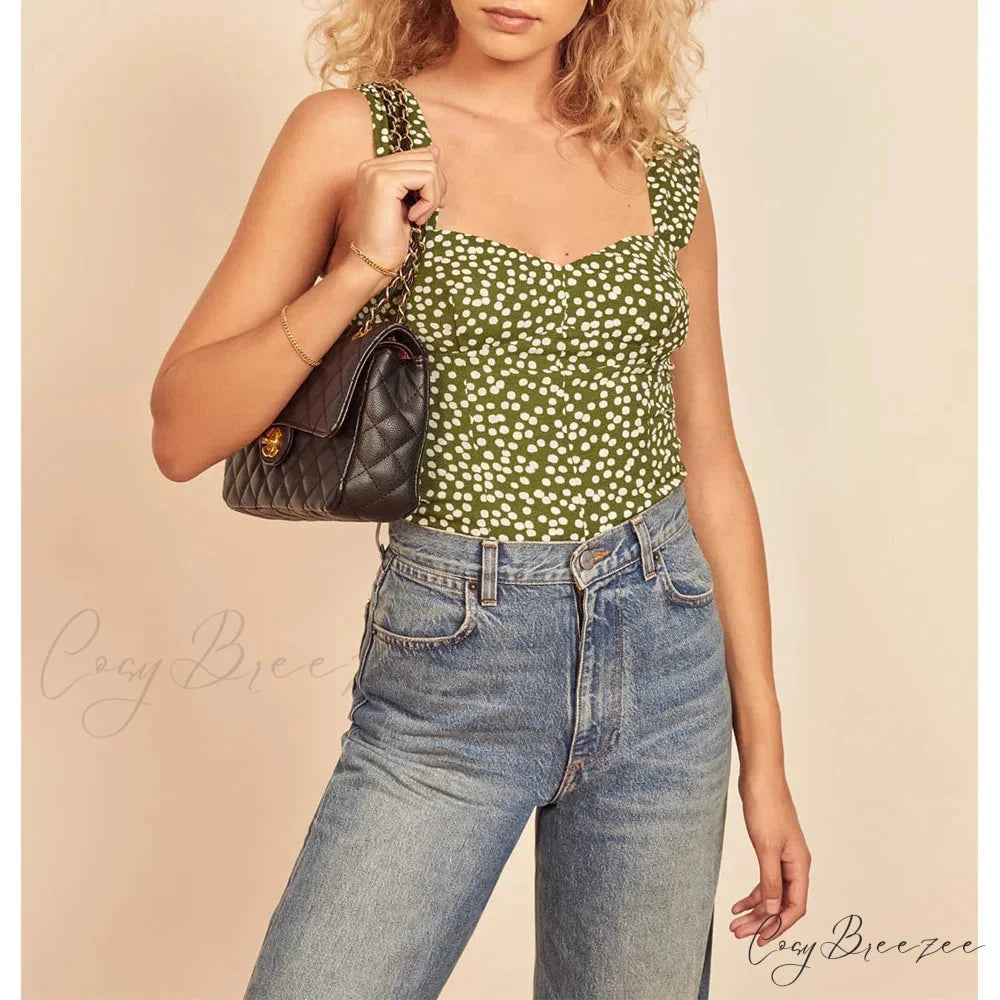 Polka Dot Sweetheart Neck Smocked Sleeveless Fitted Crop Top croptop-250126