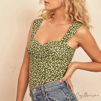 Polka Dot Sweetheart Neck Smocked Sleeveless Fitted Crop Top GREEN / S croptop-250126