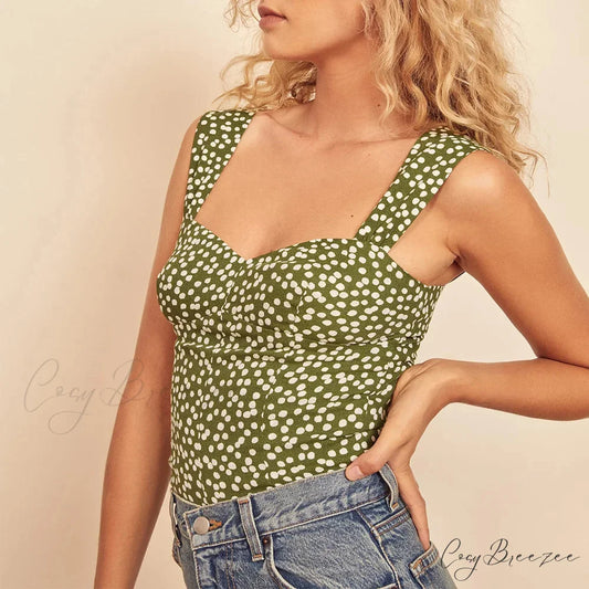 Polka Dot Sweetheart Neck Smocked Sleeveless Fitted Crop Top GREEN / S croptop-250126