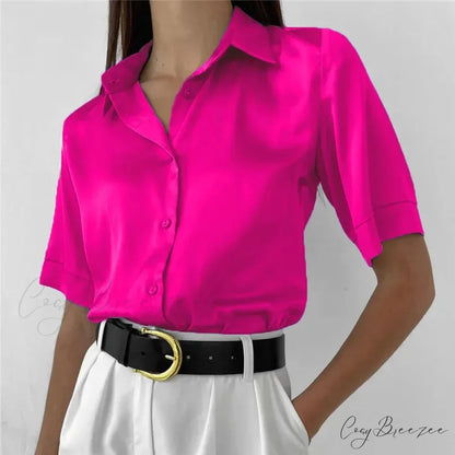 Polo Collar Satin Classic Blue Blouse Rose short / S blouse-250223