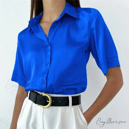 Polo Collar Satin Classic Blue Blouse blue short / S blouse-250223