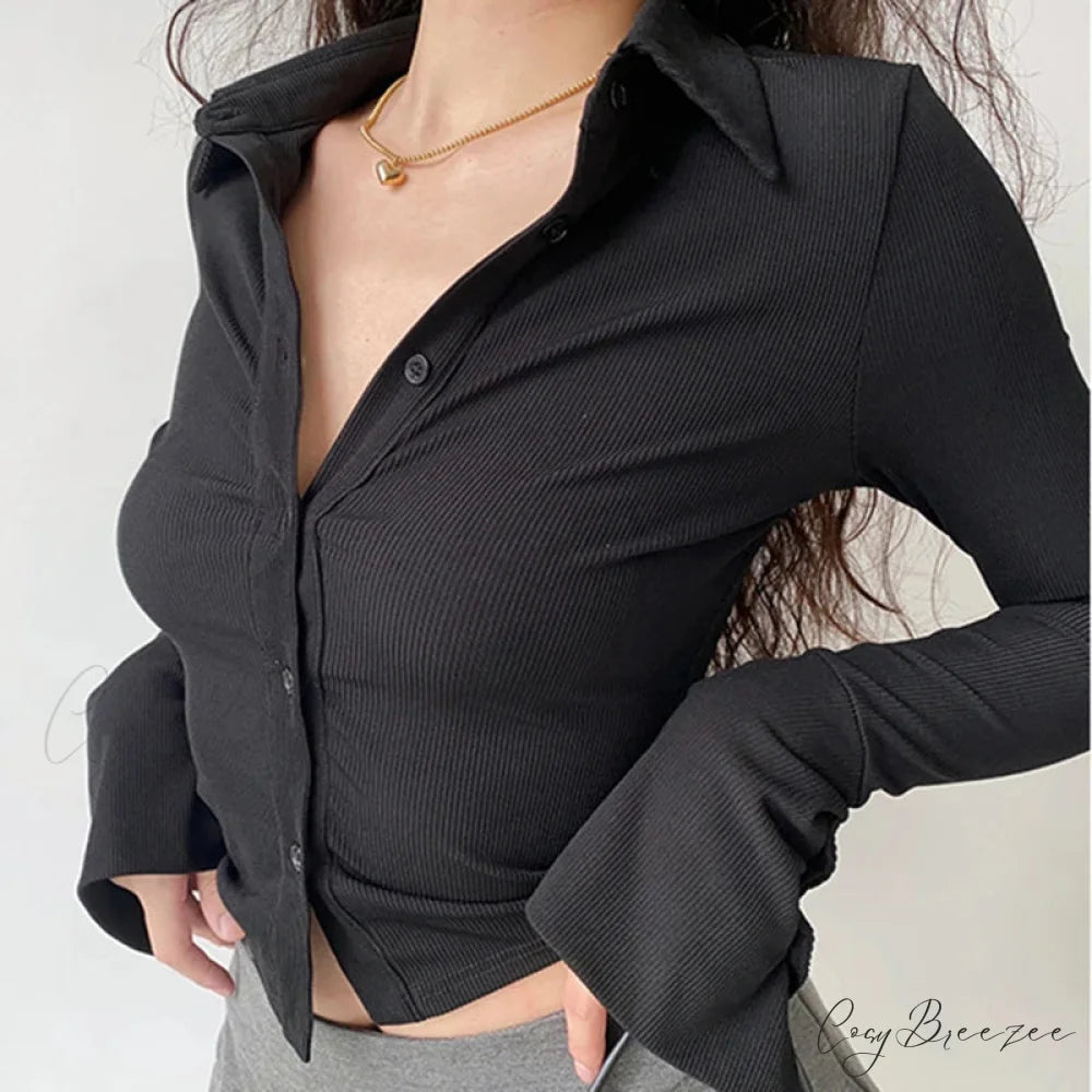 Polo Lapel Flared Sleeve Shirt Black / S blouse-250223