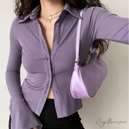 Polo Lapel Flared Sleeve Shirt blouse-250223