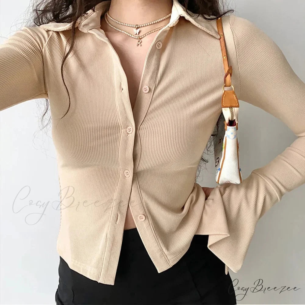 Polo Lapel Flared Sleeve Shirt blouse-250223