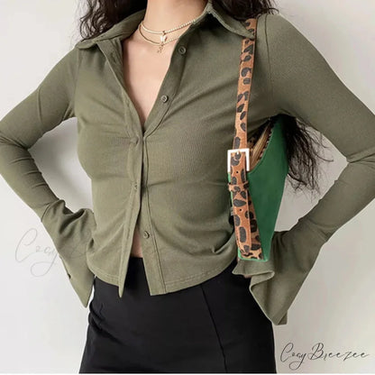 Polo Lapel Flared Sleeve Shirt blouse-250223