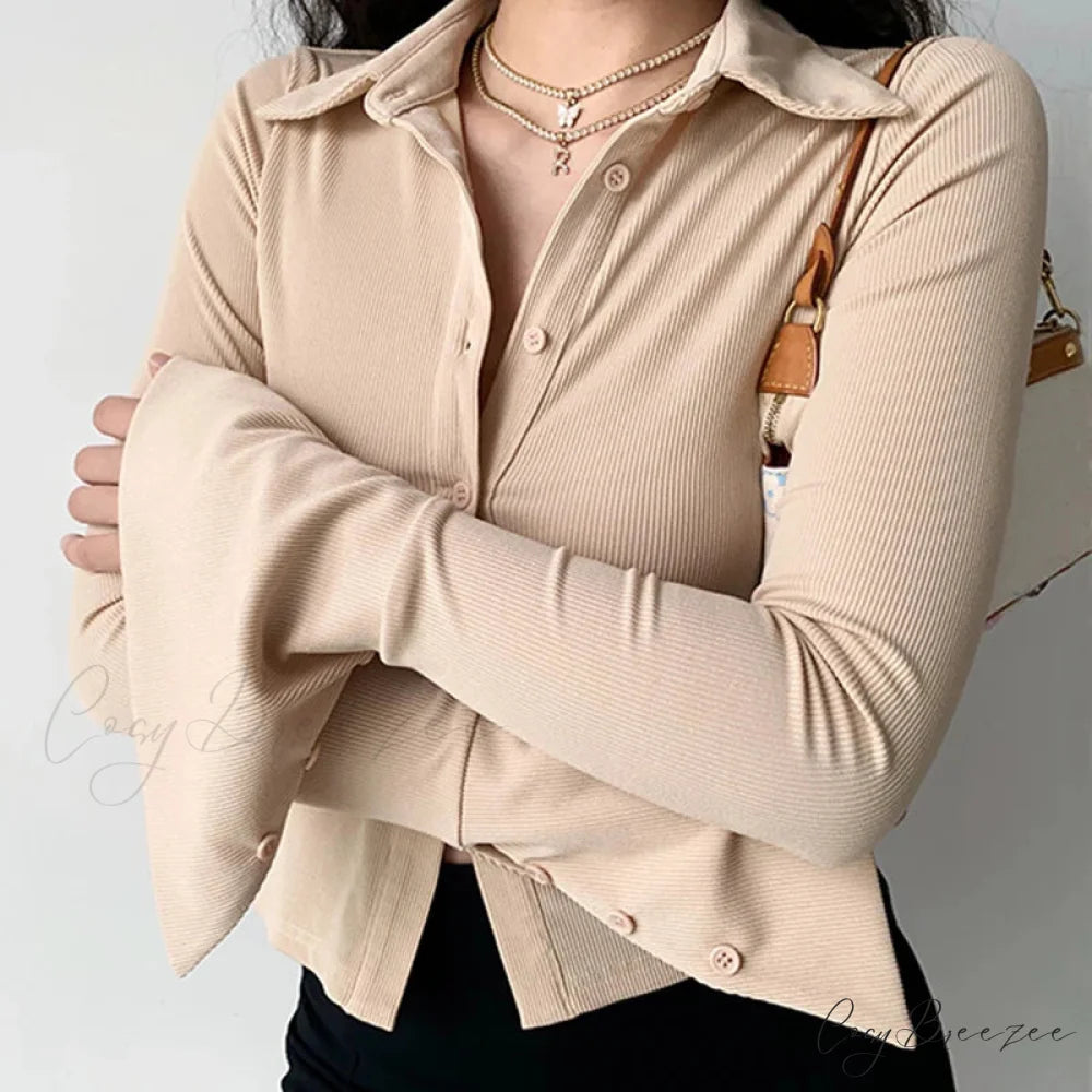Polo Lapel Flared Sleeve Shirt blouse-250223