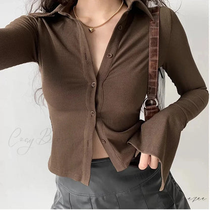 Polo Lapel Flared Sleeve Shirt Brown / S blouse-250223