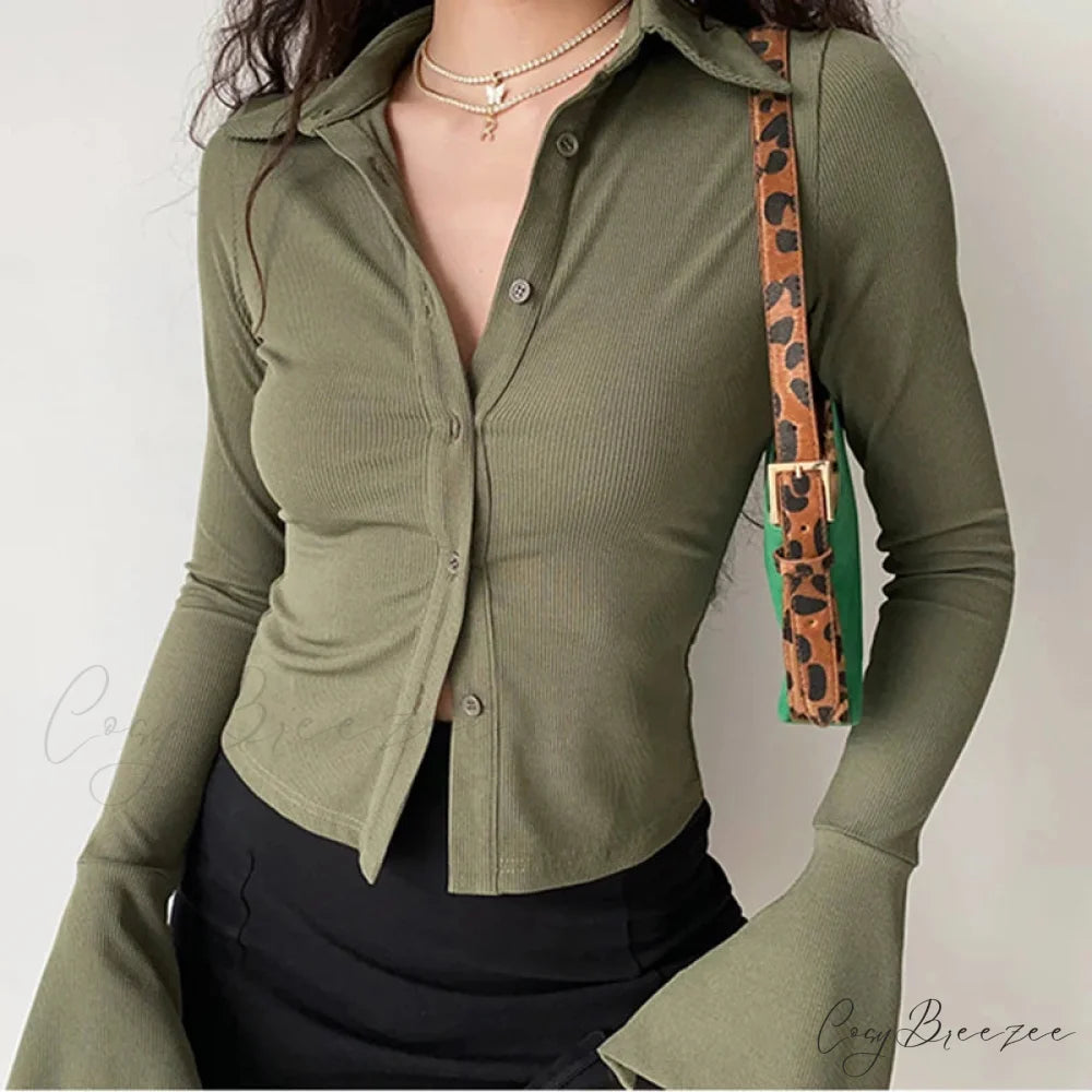 Polo Lapel Flared Sleeve Shirt Green / S blouse-250223