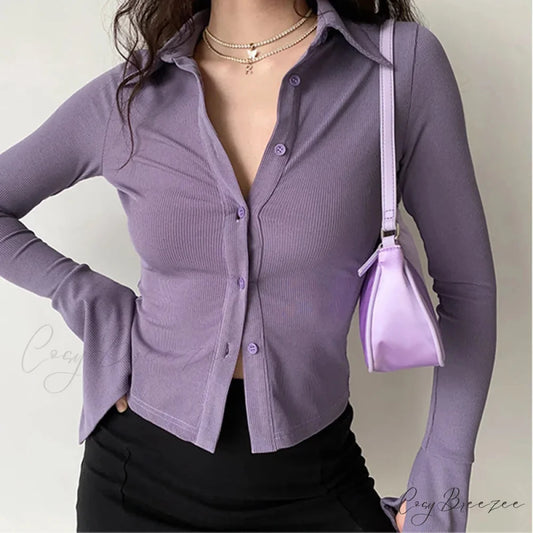 Polo Lapel Flared Sleeve Shirt Purple / S blouse-250223