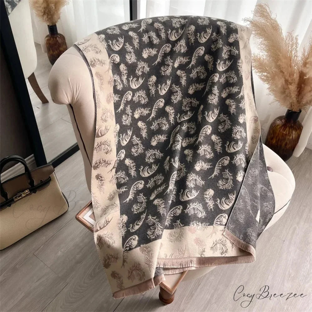 Poncho Cashmere Feather Print Scarf scarf-241228
