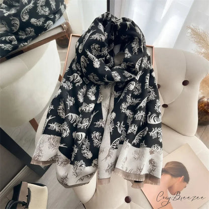 Poncho Cashmere Feather Print Scarf black 2 scarf-241228
