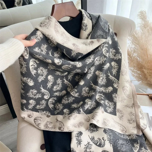 Poncho Cashmere Feather Print Scarf black1 scarf-241228