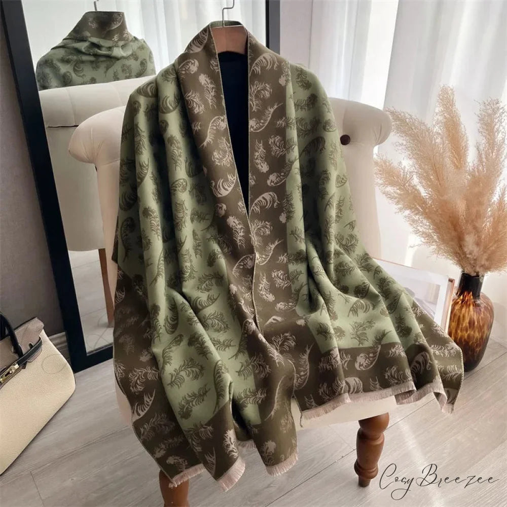 Poncho Cashmere Feather Print Scarf grey scarf-241228