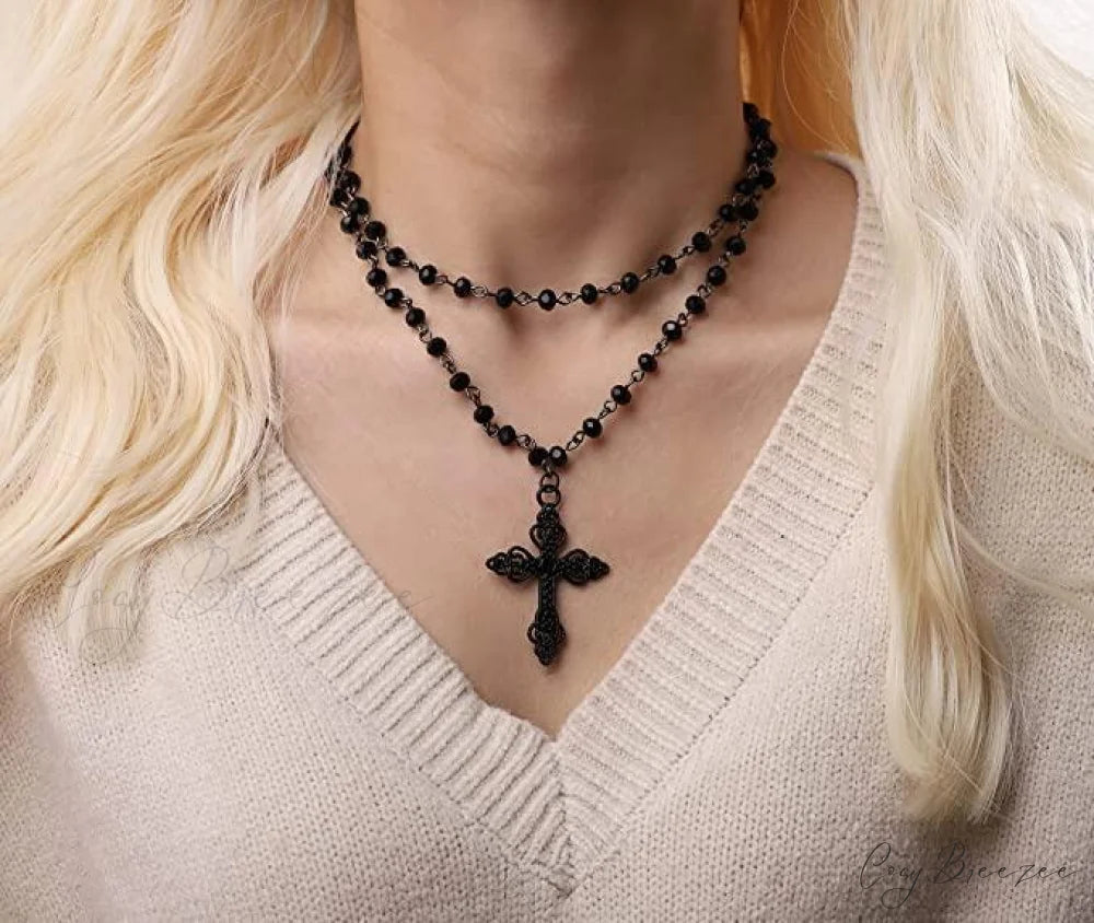 Popular Gothic Dark Exaggerated Cross Layered Necklace BLACK