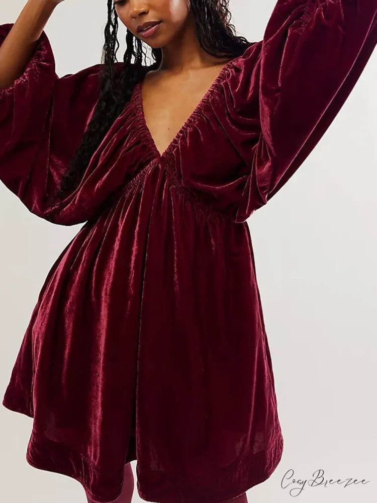 Portia Velvet Stylish Mini Dress Wine Red / S