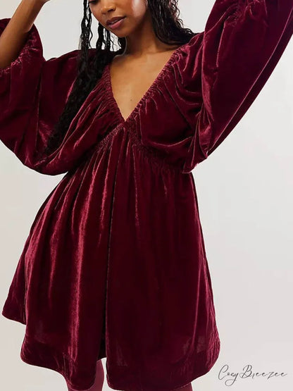 Portia Velvet Stylish Mini Dress Wine Red / S