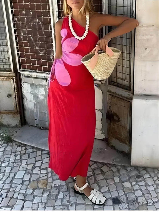Positioned Floral Print Charming Off-Shoulder Midi Dress Red / S