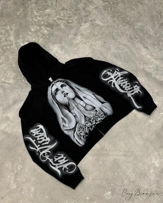 Prayer Portrait Black Zipper Hoodie black / S hoodies-241228